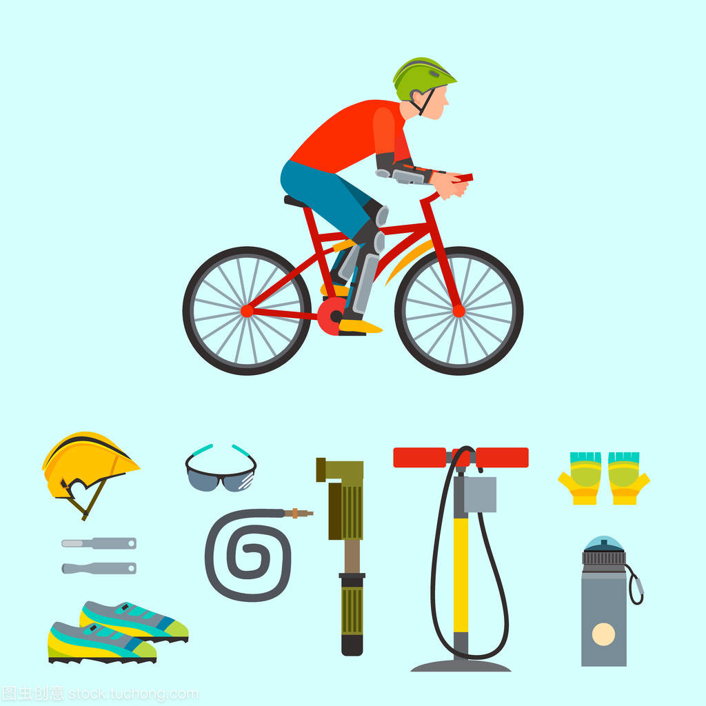 积极的休闲交通配件自行车体育设备生活方式循环平面向量自行车设备图